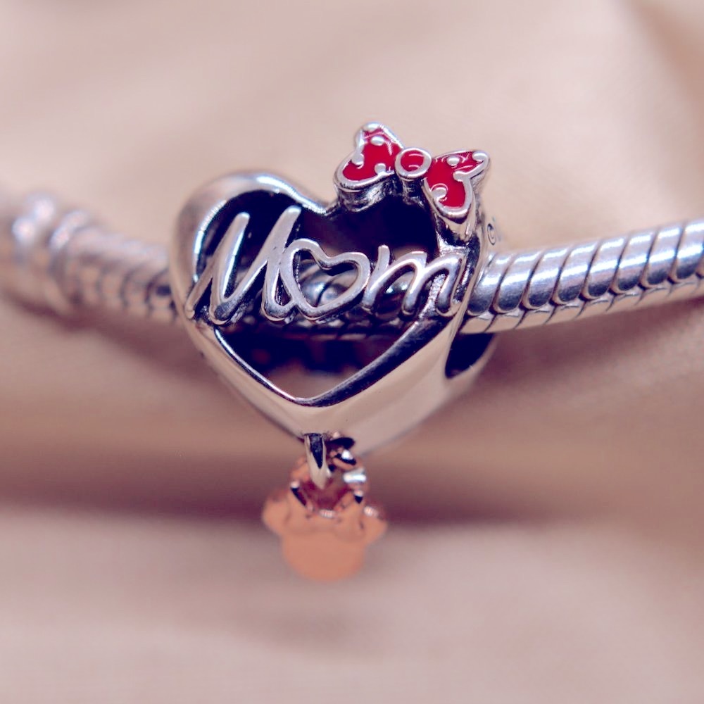 Heart Mom Love Bracelet Charm with Red Bow - S925 Sterling Silver Fits Pandora